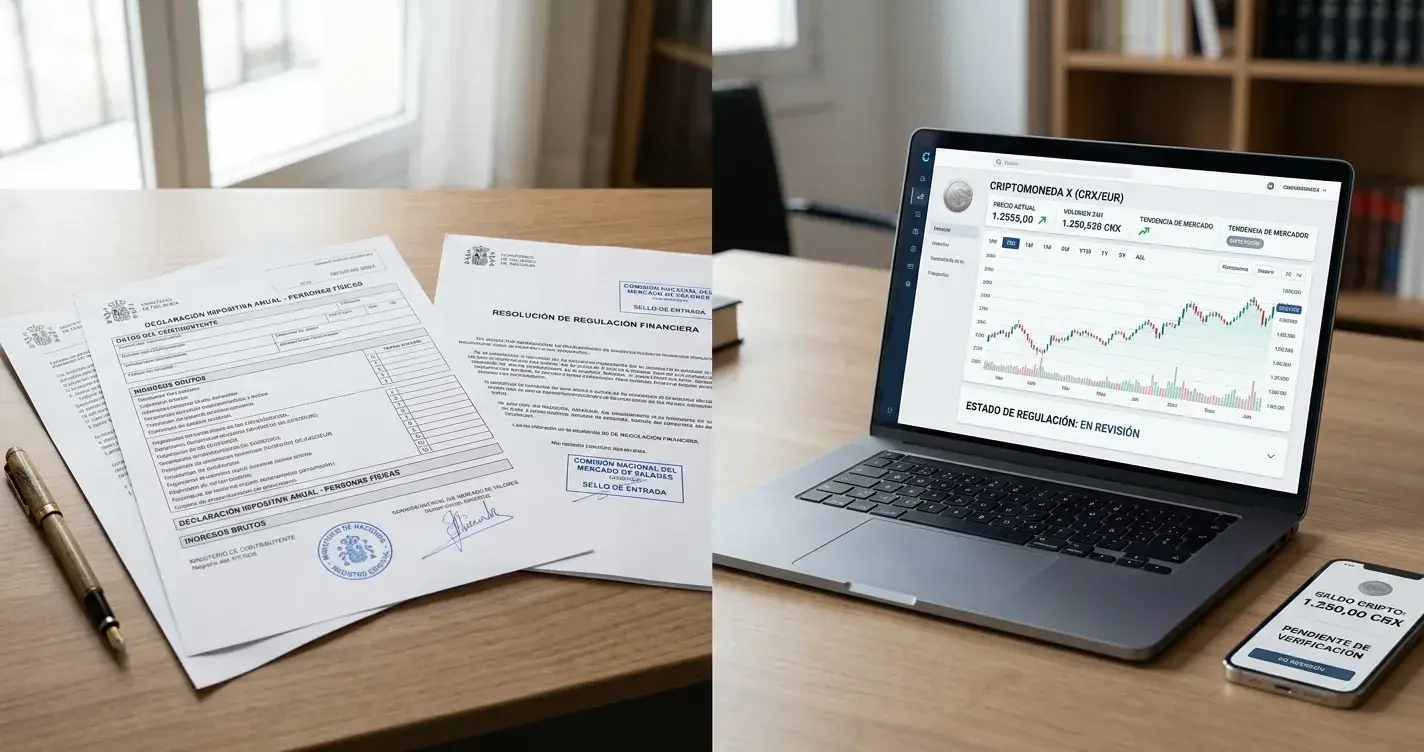 Escritorio dividido mostrando documentos oficiales españoles y laptop con símbolos de criptomonedas