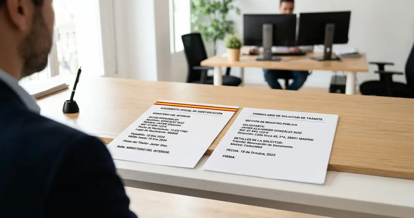 Dos documentos oficiales sobre una mesa: uno con bandera española, otro neutro sin identificación de jurisdicción