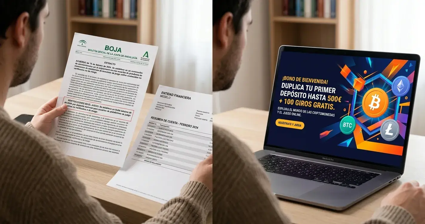 Comparación visual entre documento regulatorio español con límite de 600 euros y pantalla de laptop con bonos offshore