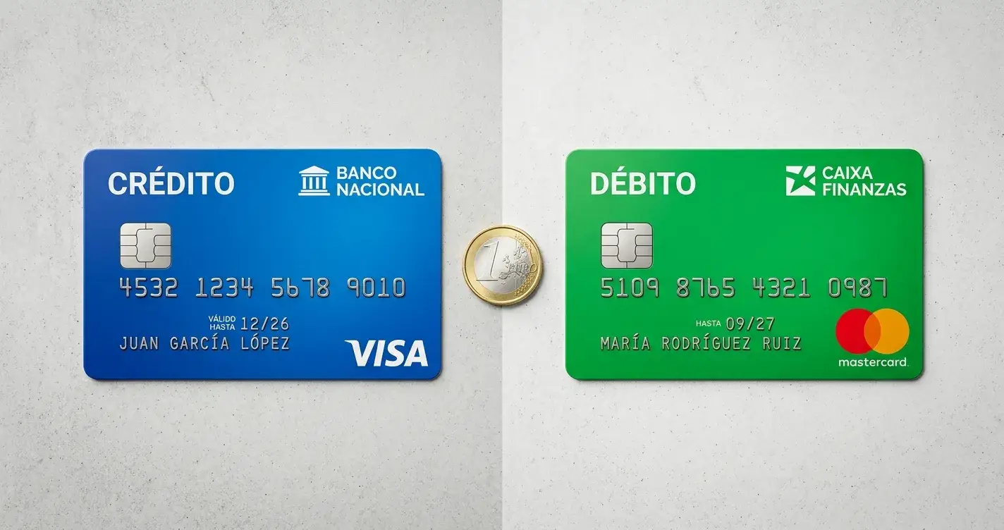 Comparación visual entre tarjeta de crédito y tarjeta de débito con símbolo del euro