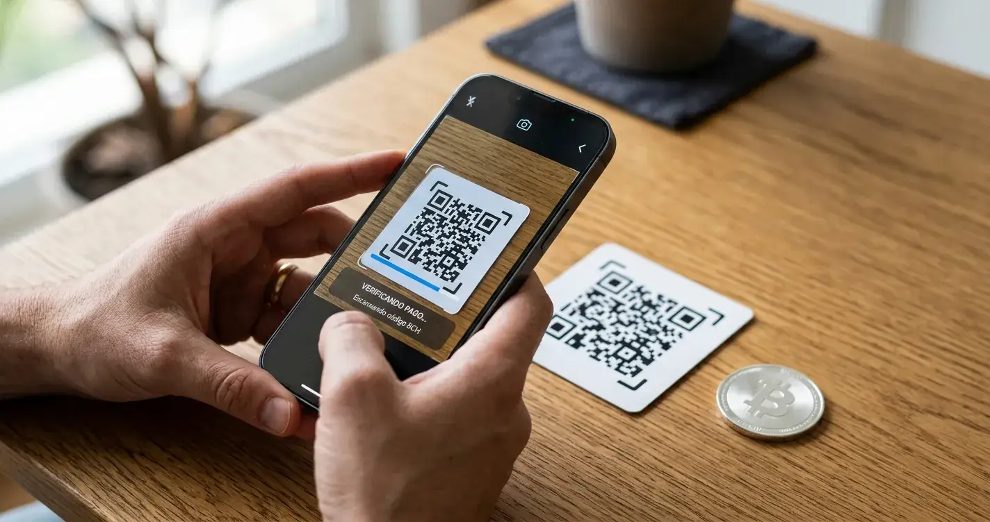 Manos sosteniendo un teléfono móvil que escanea un código de verificación junto a una ficha simbólica de Bitcoin Cash