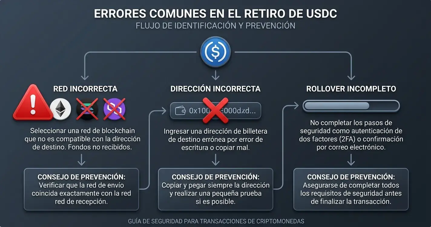 Diagrama de flujo mostrando errores comunes en retiradas USDC con iconos de alerta
