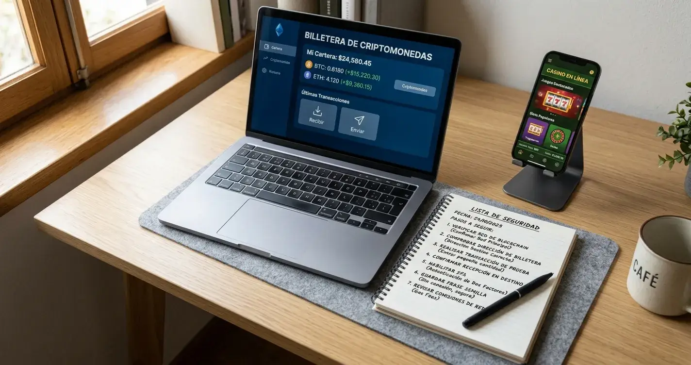 Escritorio con portátil, smartphone mostrando monedero cripto y documento de notas sobre uso seguro