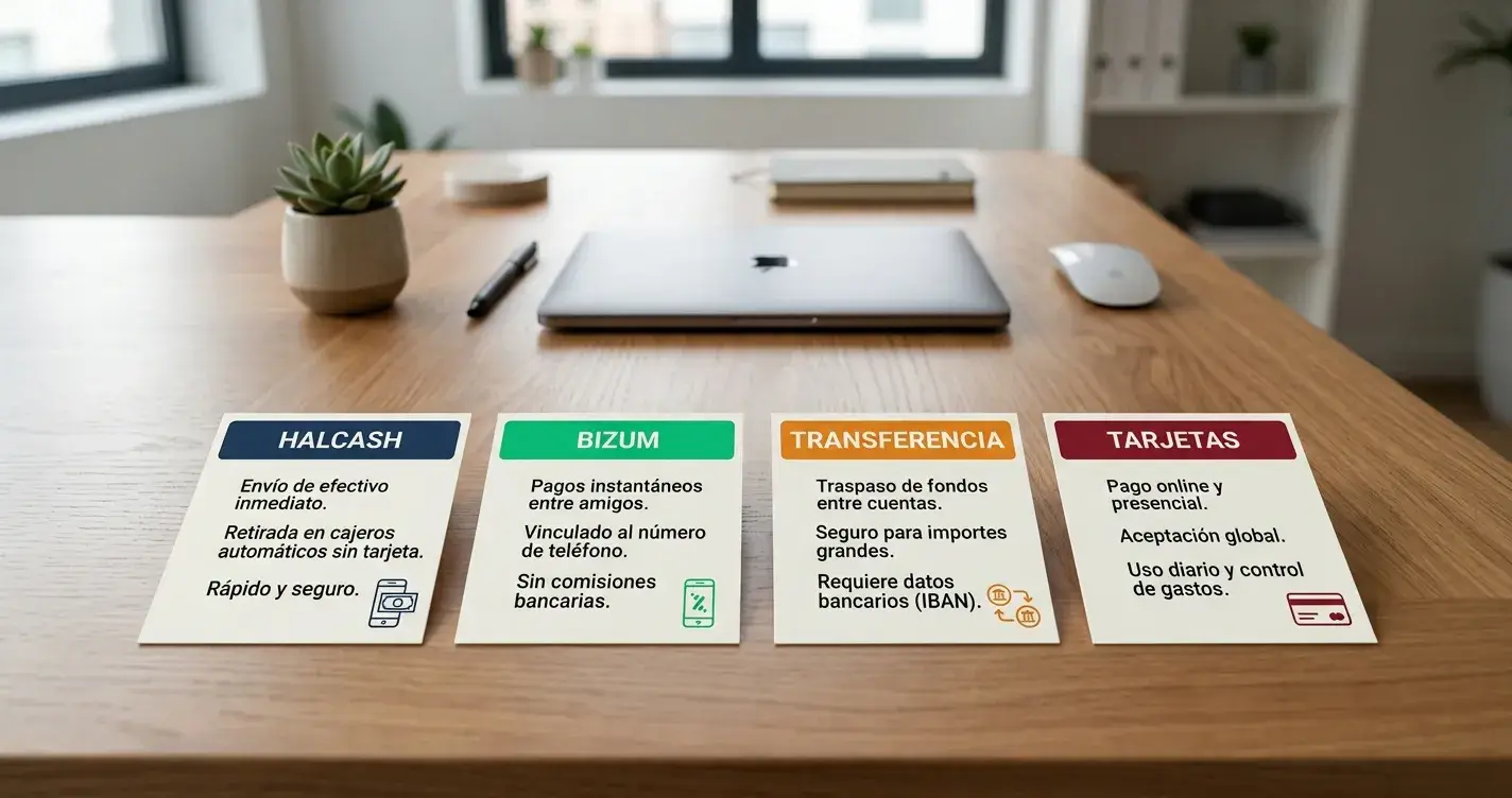 Comparativa visual de métodos de pago mostrando Bizum, transferencia, HalCash y tarjetas
