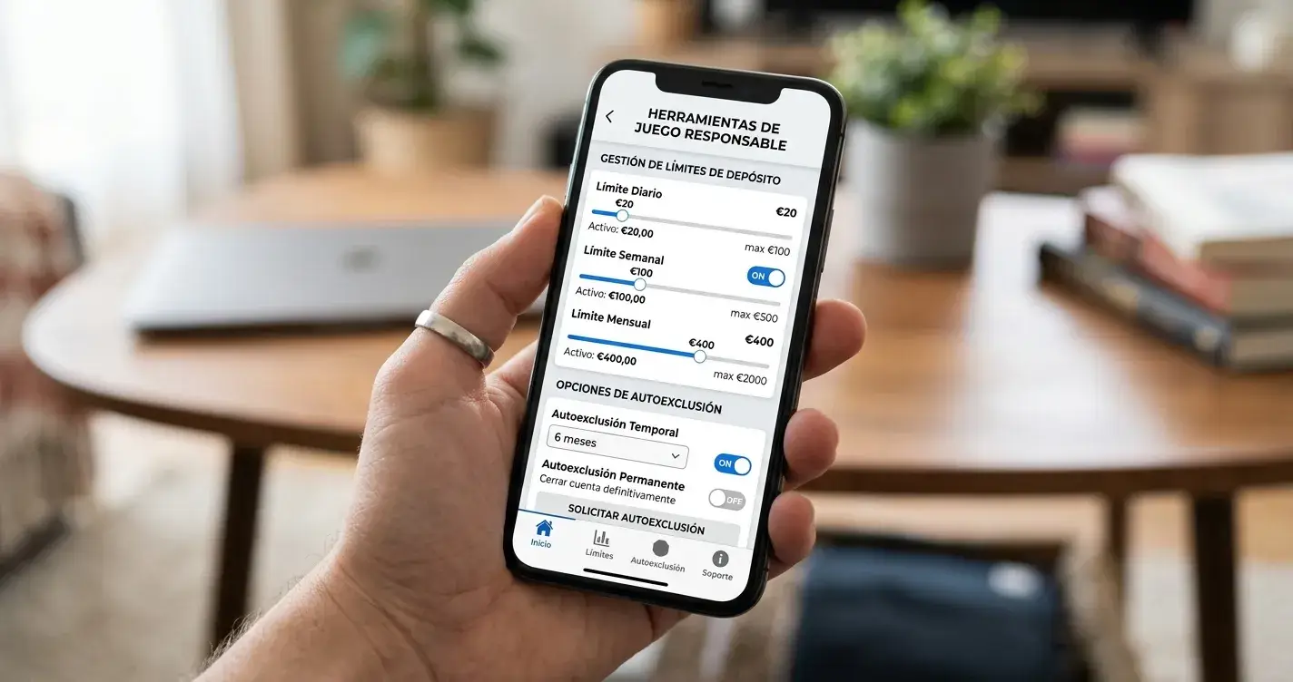 Interfaz de smartphone mostrando herramientas de límites de depósito y autoexclusión