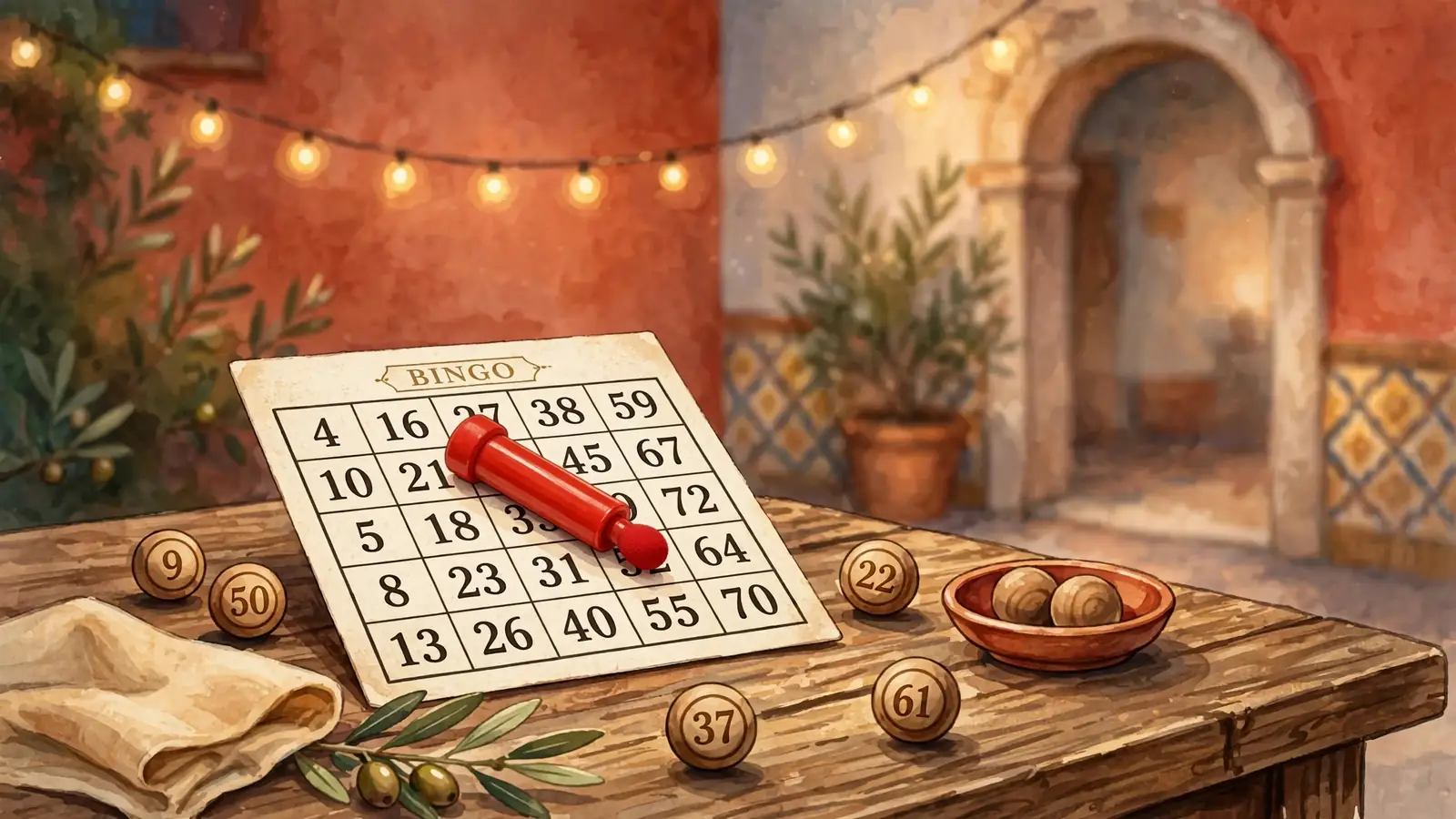 Ilustración de una mesa de bingo española con cartones, rotulador y ambiente cálido mediterráneo.