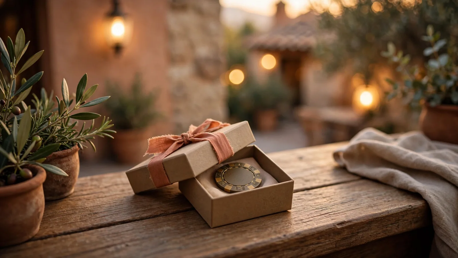 Pequeña caja de regalo con una ficha de casino sobre una barra iluminada