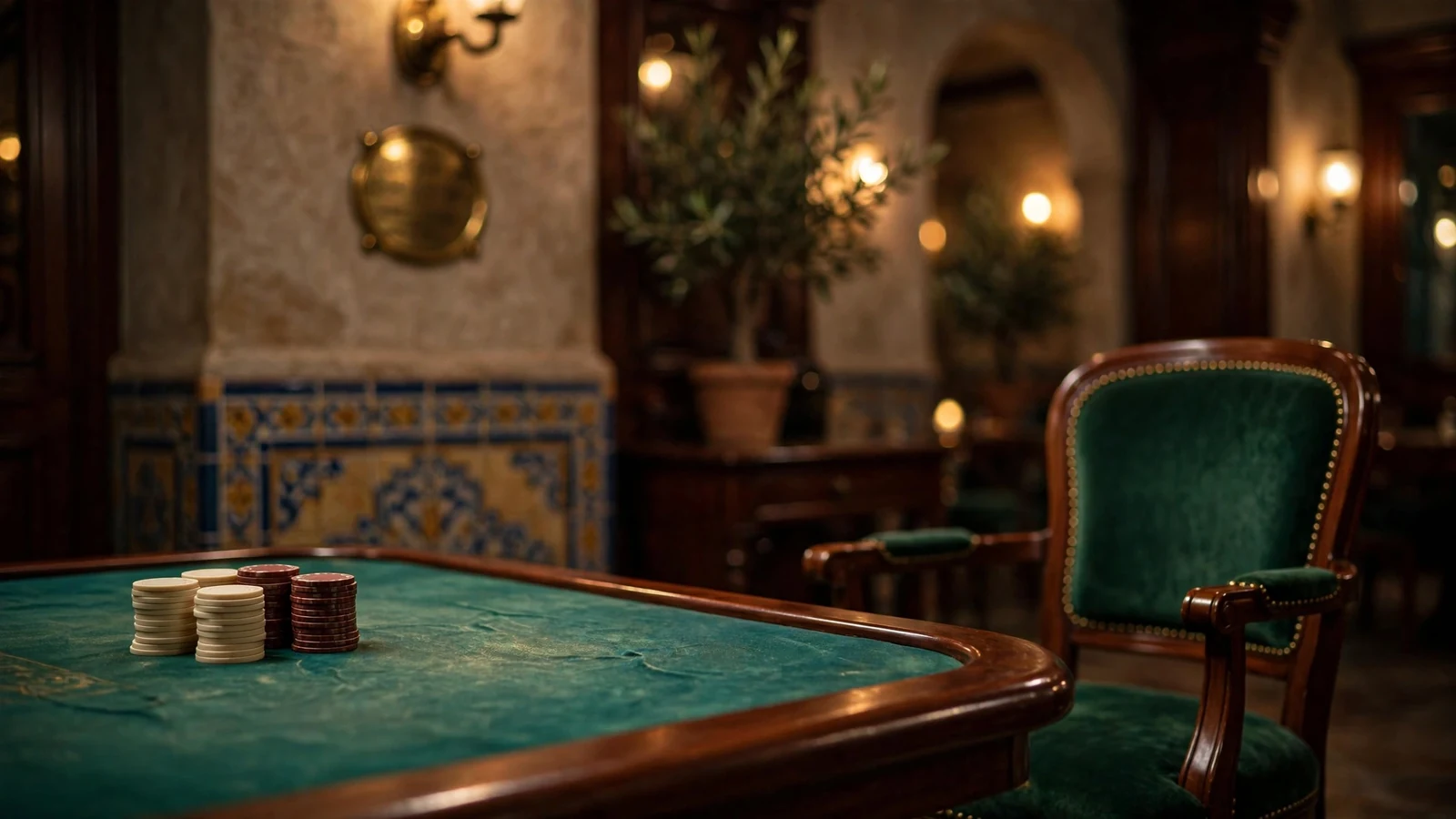 Mesa de ruleta elegante en un salón de casino con fichas y luz cálida, evocando una licencia formal.