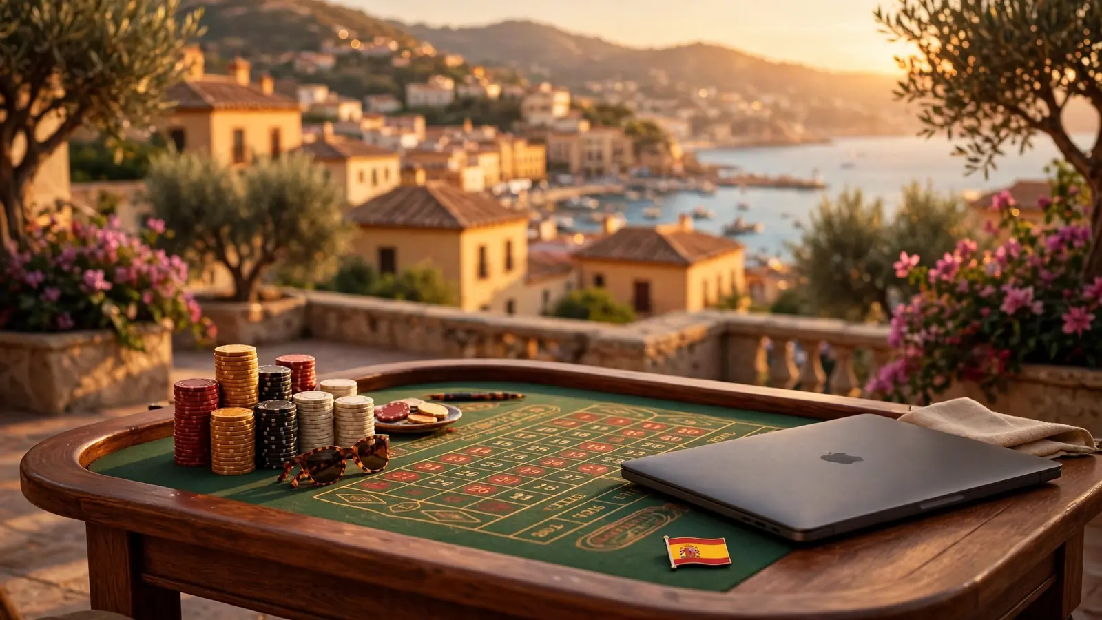 Mesa de ruleta con fichas y portátil cerrado en terraza española al atardecer