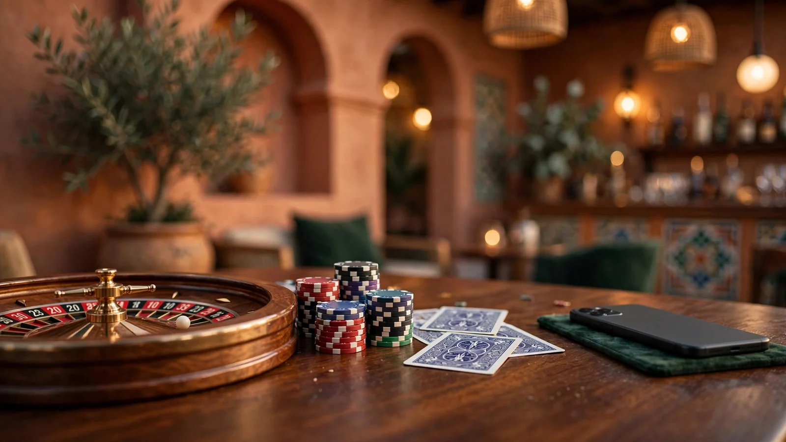 Mesa de casino con ruleta, fichas y un smartphone boca abajo