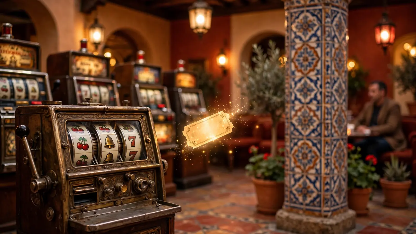 Interior de casino español con máquina tragaperras vintage y un vale dorado