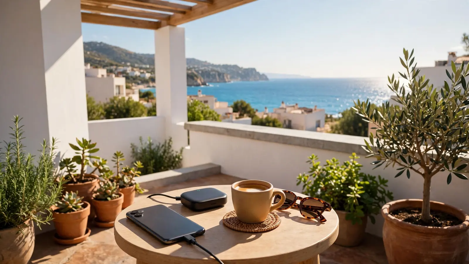 Teléfono Android sobre mesa de terraza mediterránea española con café y zona costera