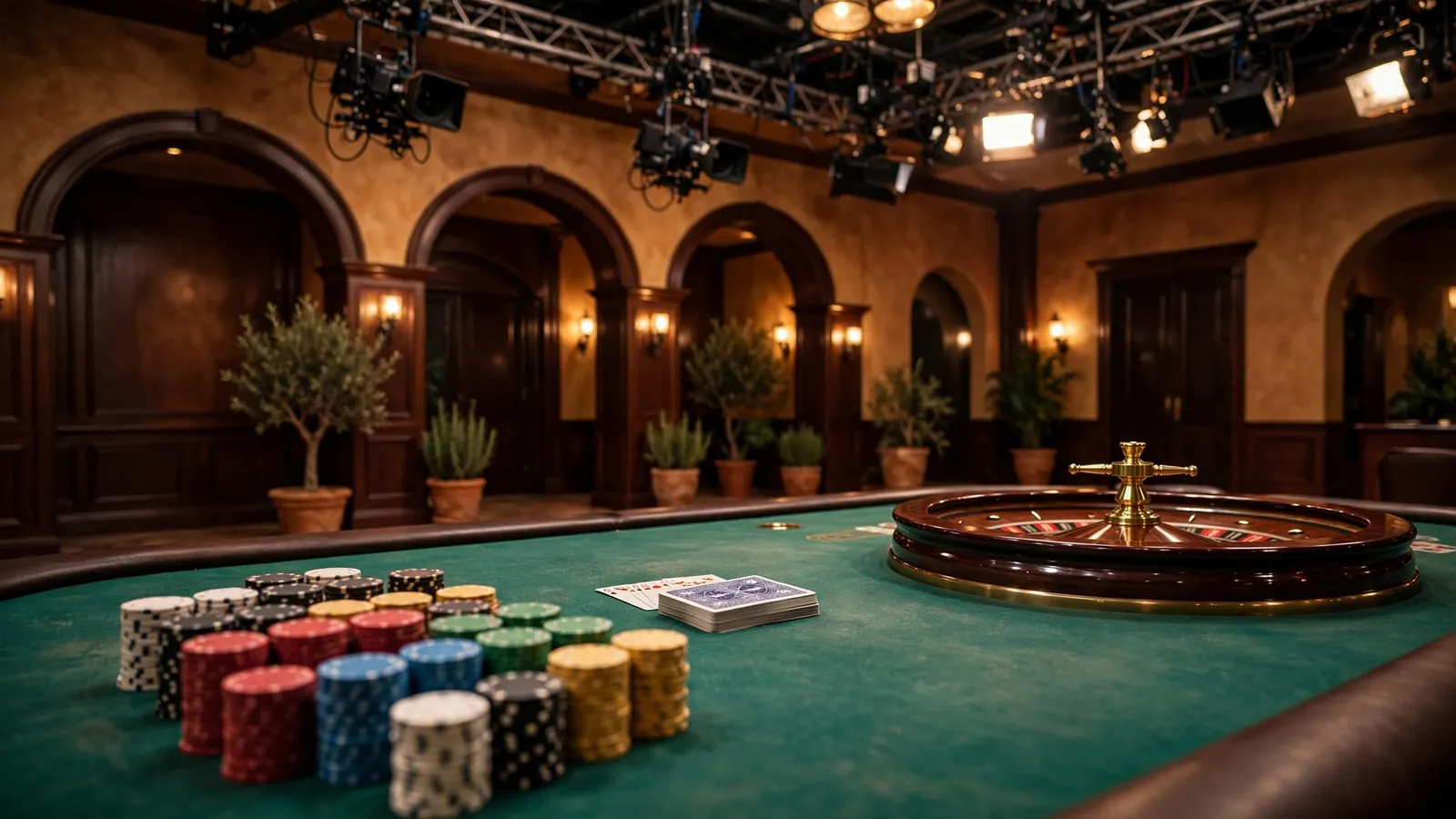 Estudio profesional de casino en vivo con mesa de ruleta, fichas y cartas bajo iluminación cálida