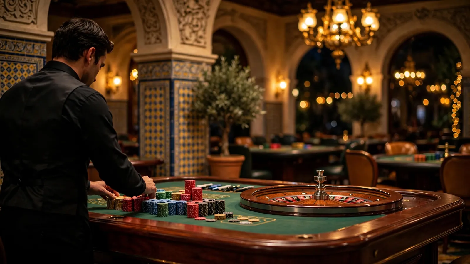 Interior elegante de casino europeo con mesa de ruleta y fichas de colores bajo luz dorada