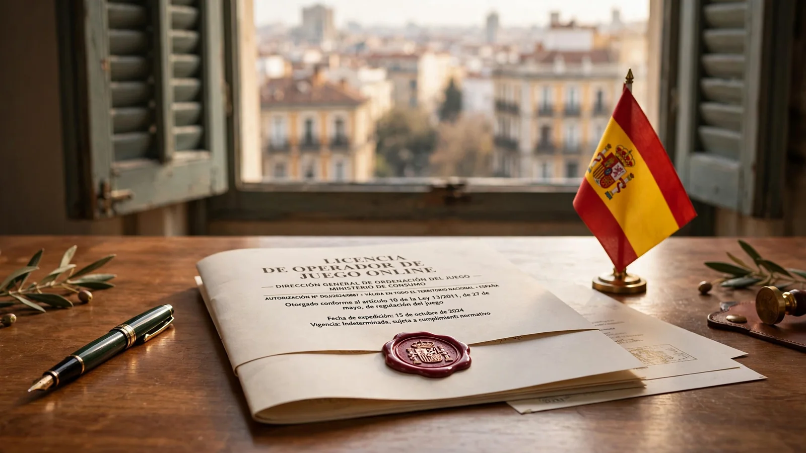 Documento oficial y bandera española sobre un escritorio en Madrid