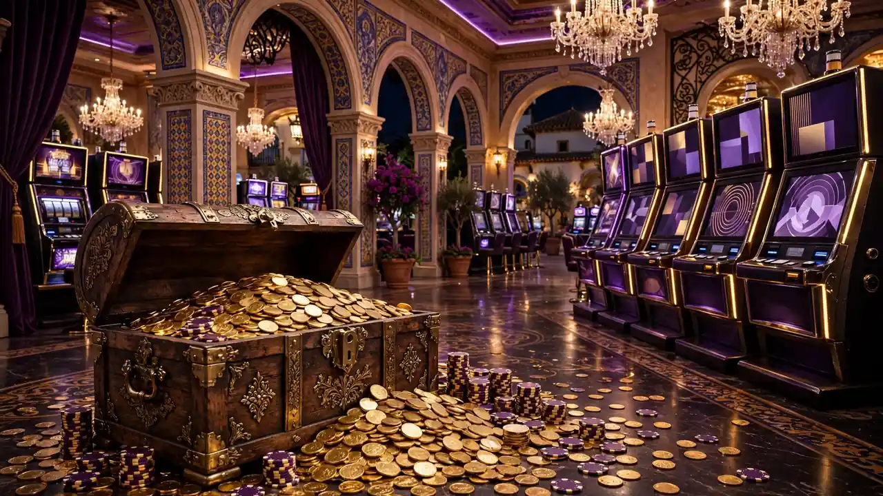 Ilustración de un casino lujoso con monedas de oro y fichas brillando bajo luces moradas