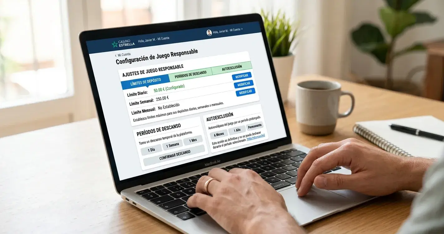 Interfaz de herramientas de juego responsable mostrando límites de depósito autoexclusión y pausas temporales en perfil de casino