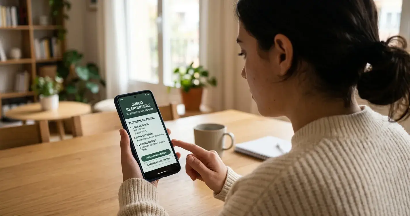 Persona reflexionando con smartphone mostrando recursos de juego responsable