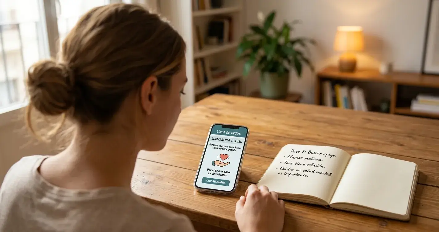 Persona con smartphone mostrando número de ayuda 900 y cuaderno con notas sobre mesa