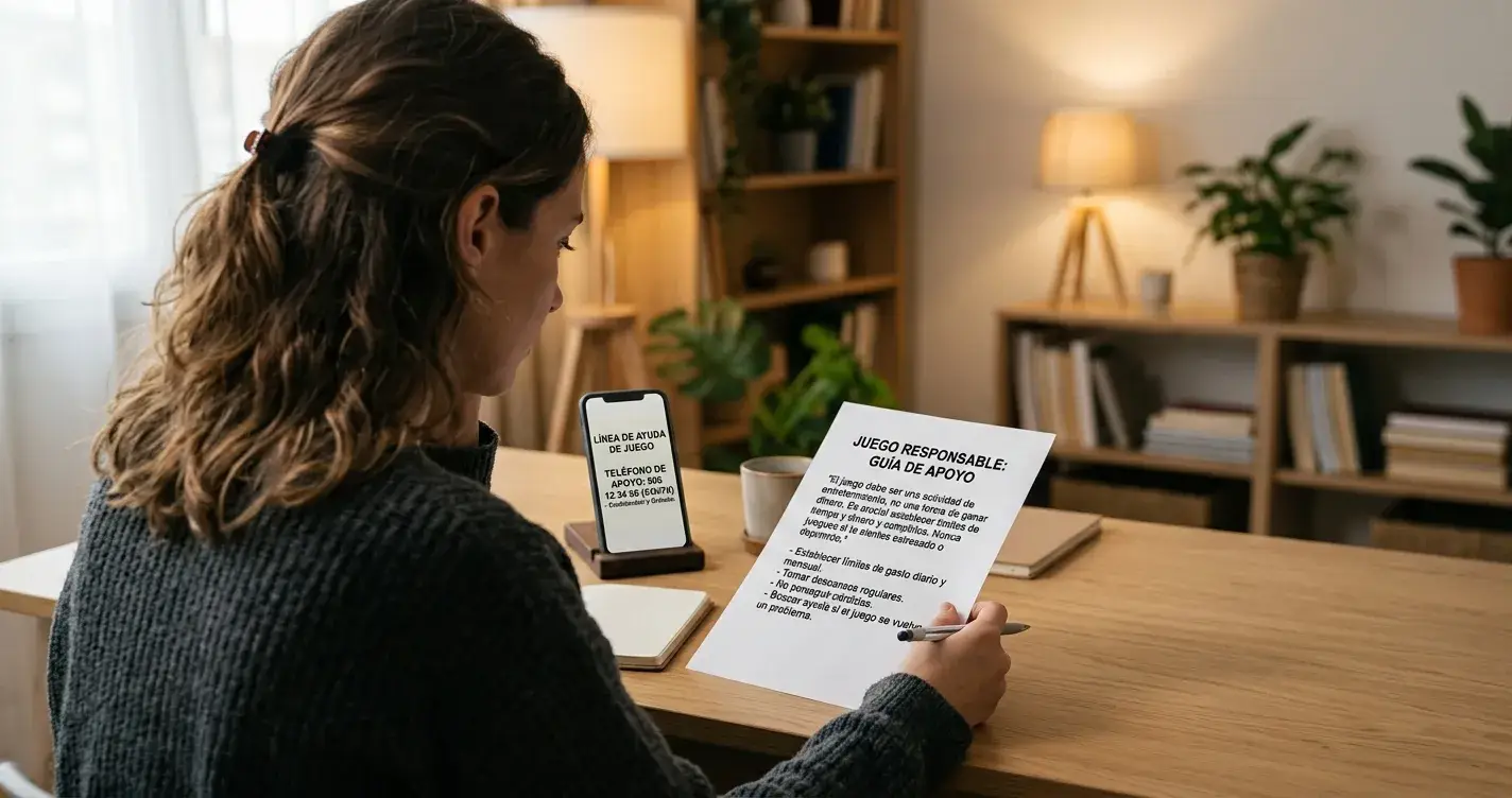 Persona revisando recursos de juego responsable y teléfono de ayuda desde casa en España