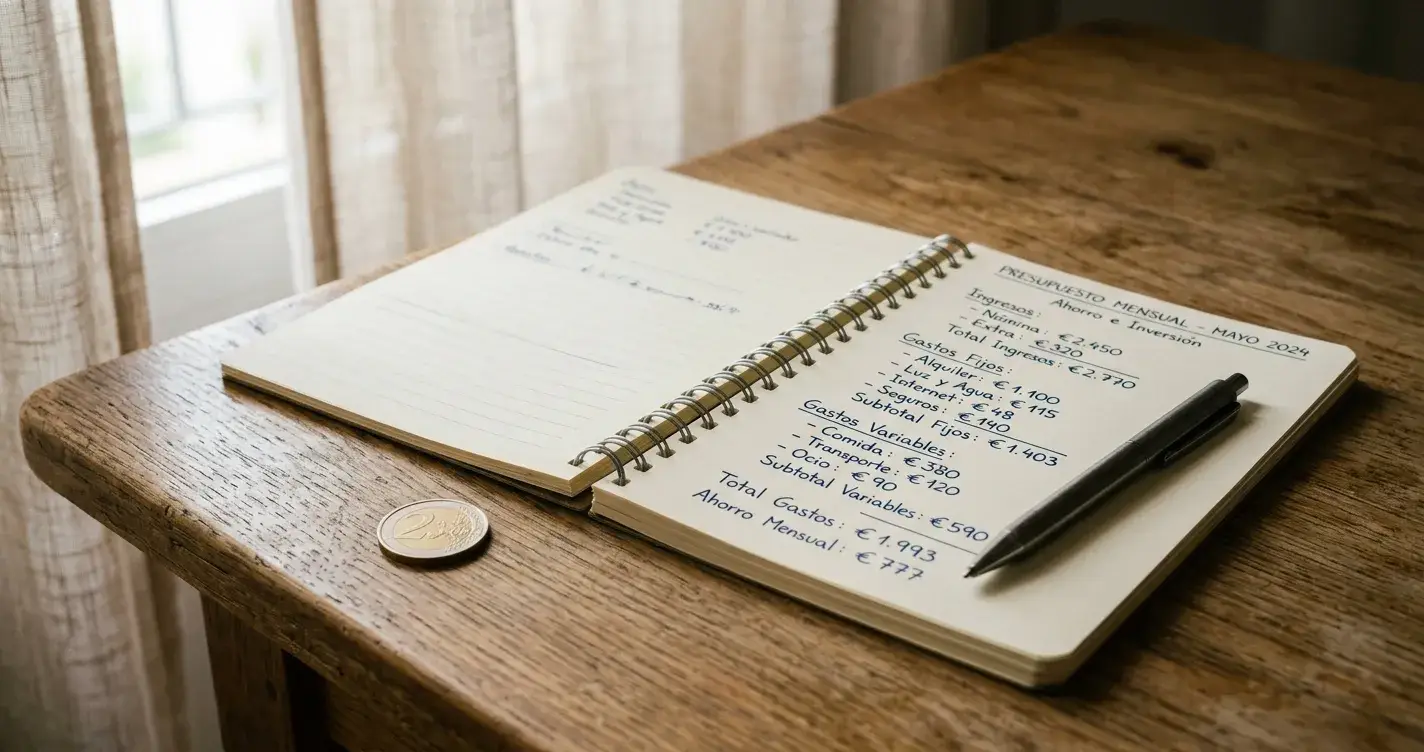 Cuaderno de notas con apuntes de presupuesto y un bolígrafo sobre una mesa con luz matinal tranquila