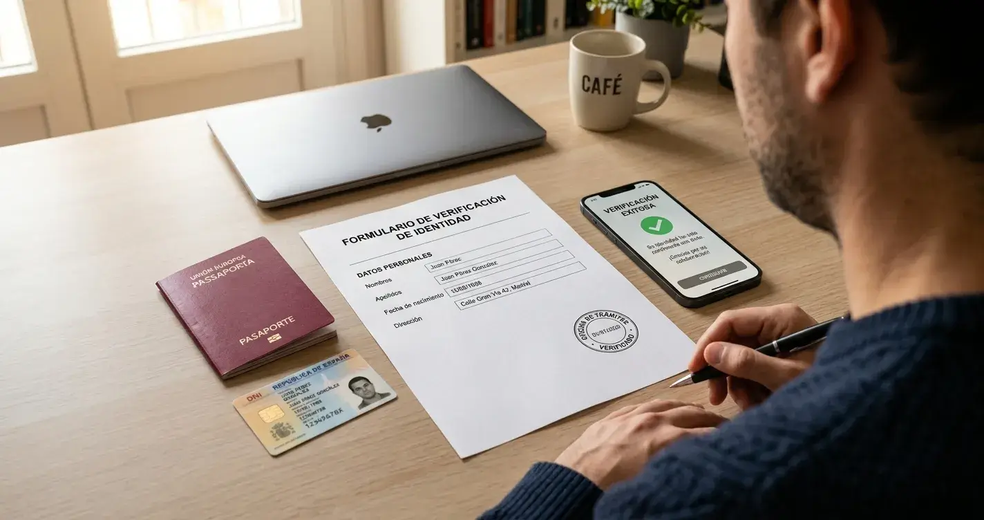 Documentos de identidad y smartphone con app de verificación sobre escritorio