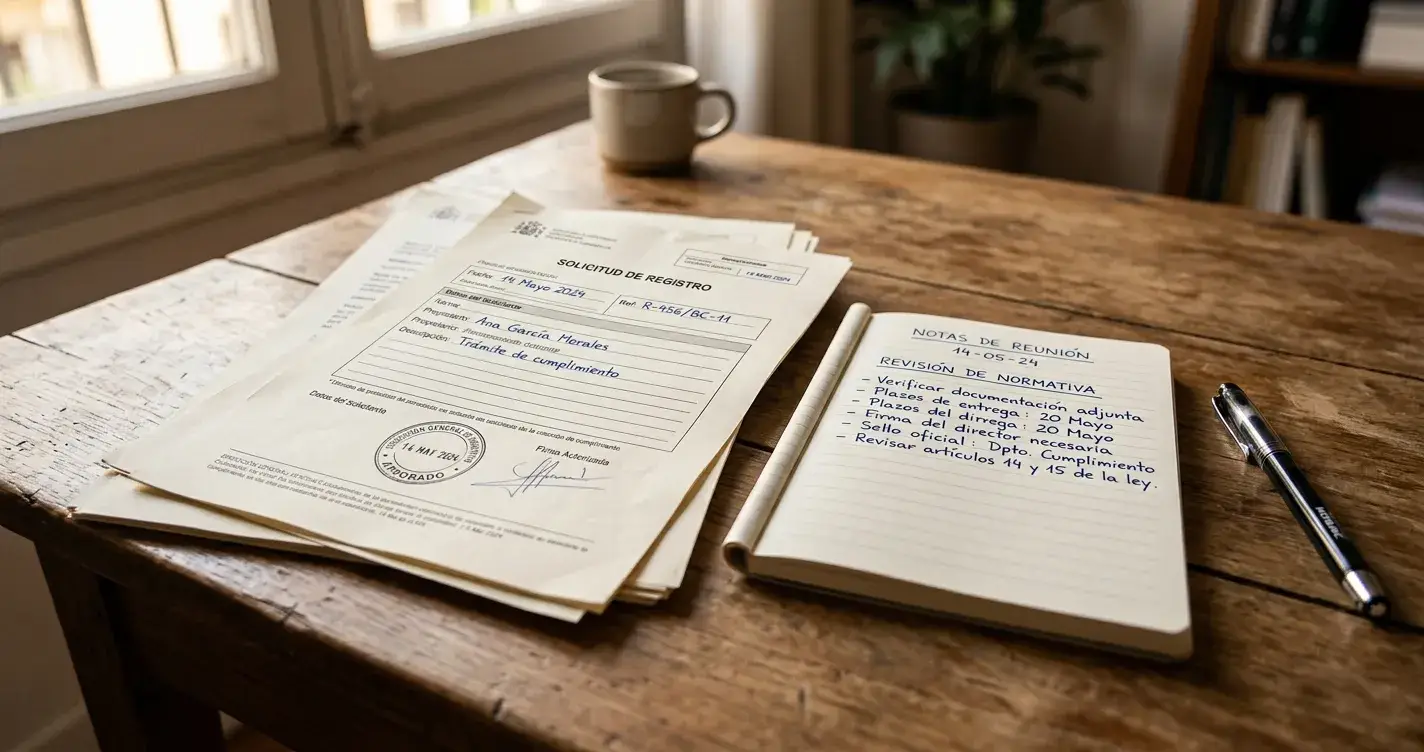 Documentos neutros con sello sobre una mesa de despacho junto a un cuaderno de notas y un bolígrafo