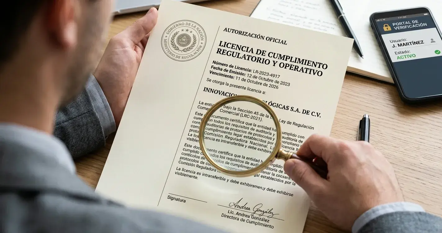 Documento de licencia oficial con sello de autoridad reguladora y lupa examinando detalles