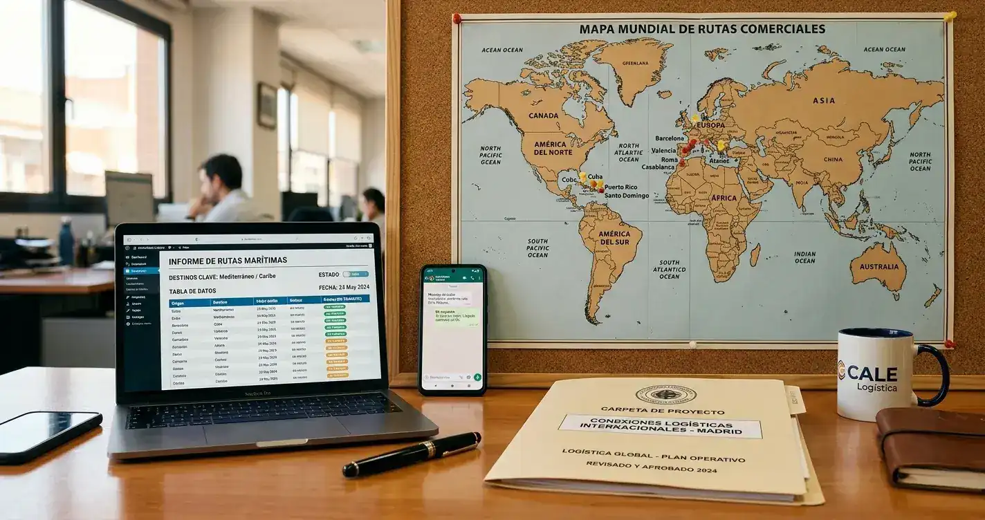 Mapa mundial con marcadores neutrales sobre ubicaciones del Caribe y Mediterráneo junto a carpeta con sello genérico en escritorio