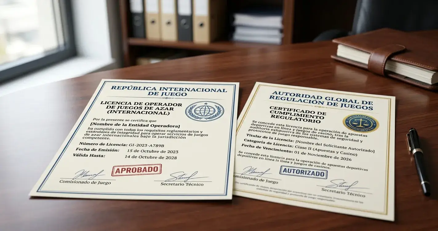 Certificados de licencias internacionales de gaming con sellos oficiales