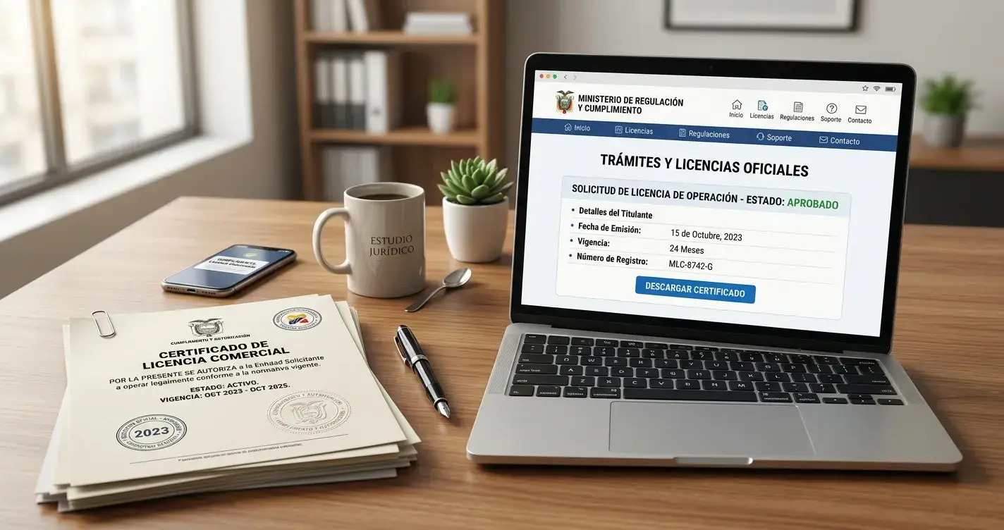 Persona revisando documentos de licencias offshore en escritorio con laptop