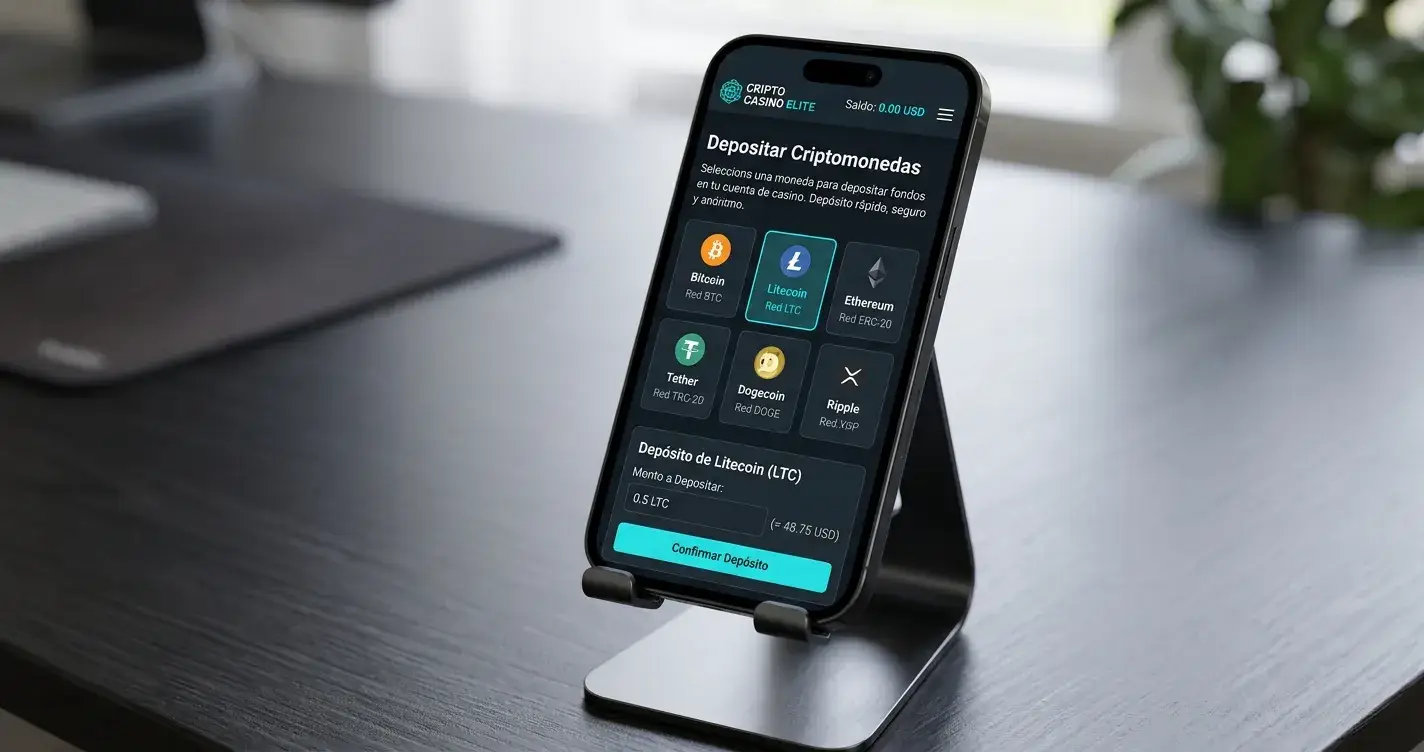 Pantalla de smartphone con múltiples opciones de criptomonedas en casino mostrando Litecoin entre las disponibles