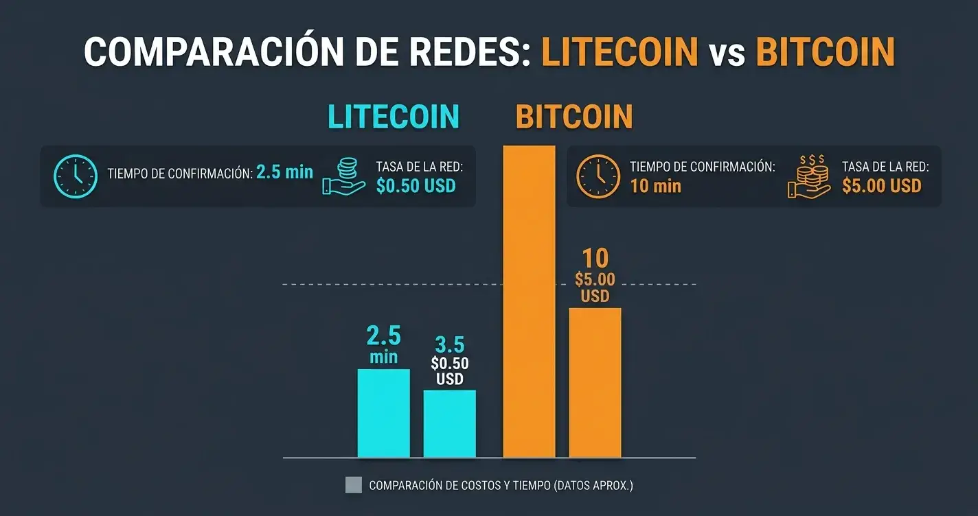 Gráfico comparativo mostrando tiempos de confirmación y comisiones entre Bitcoin y Litecoin