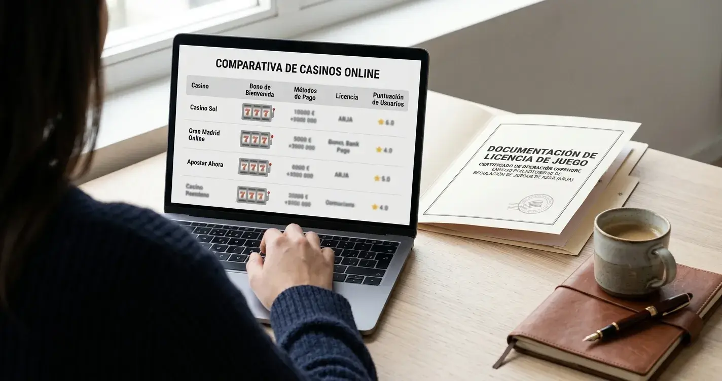 Escritorio con documentos de licencia offshore y portátil abierto en un comparador de casinos sin cuenta
