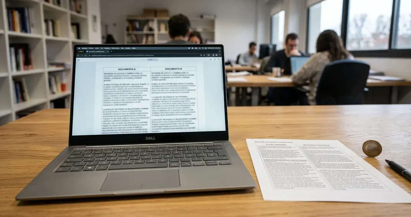 Portátil sobre escritorio con documento comparativo impreso y ficha simbólica con el signo euro
