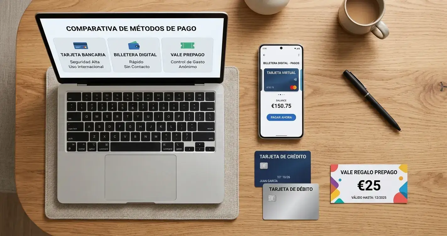 Comparativa visual de métodos de pago en casino con tarjeta, móvil y prepago sobre escritorio
