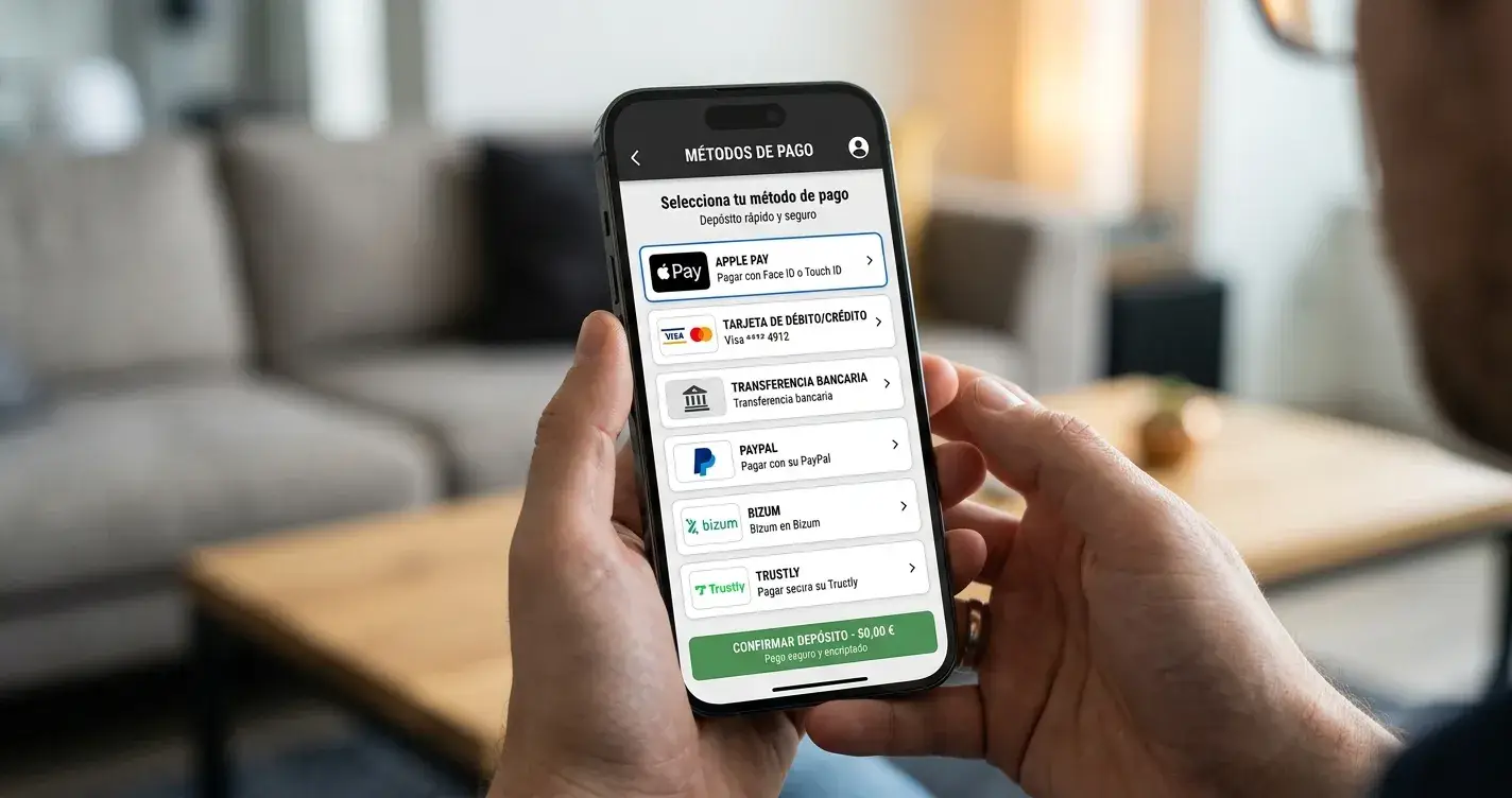 Interfaz de selección de métodos de pago en casino online con Apple Pay