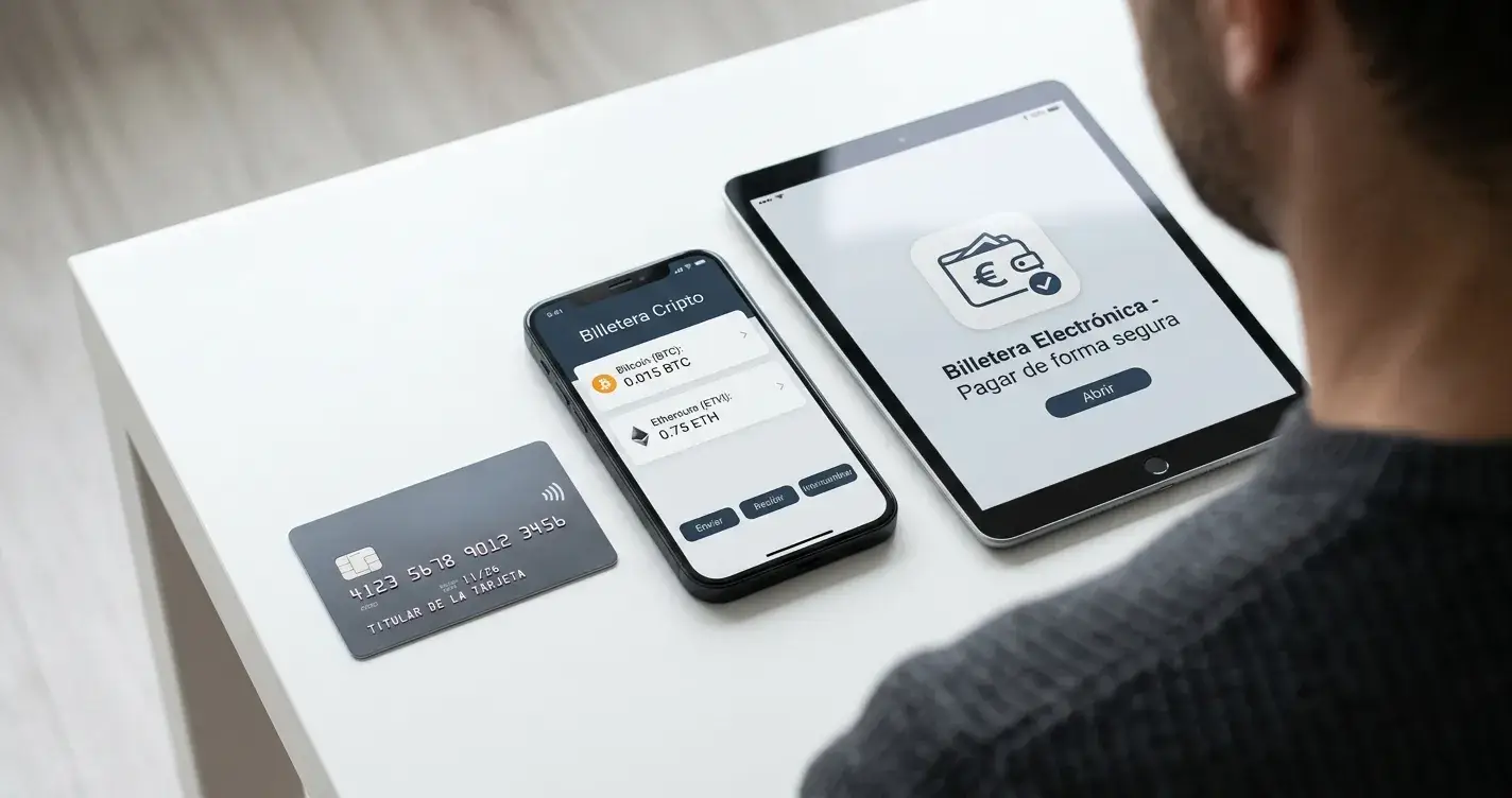 Composición de métodos de pago: tarjeta genérica, smartphone con wallet cripto, tablet con app de e-wallet