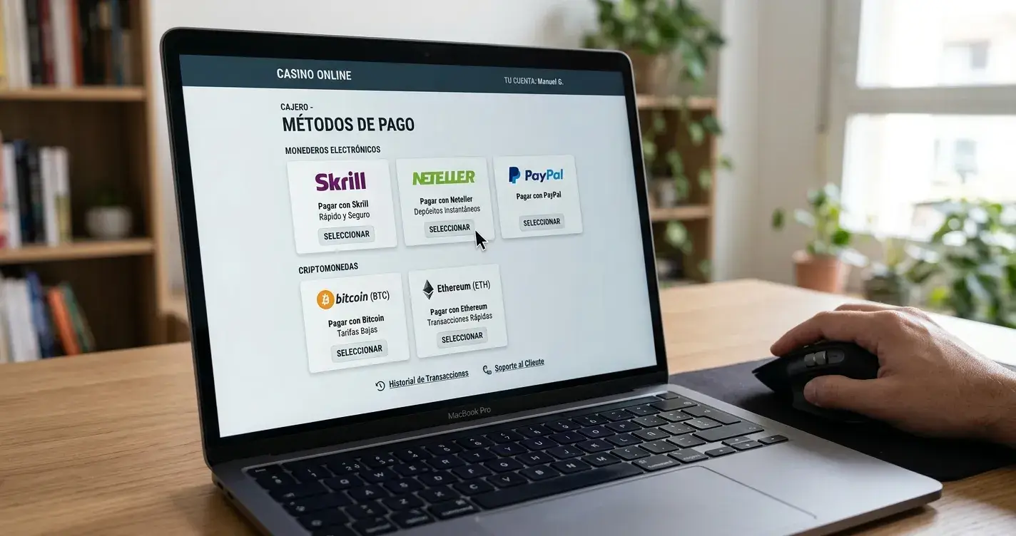 Interfaces de pago mostrando opciones de e-wallets Skrill Neteller y criptomonedas Bitcoin Ethereum en pantalla de casino