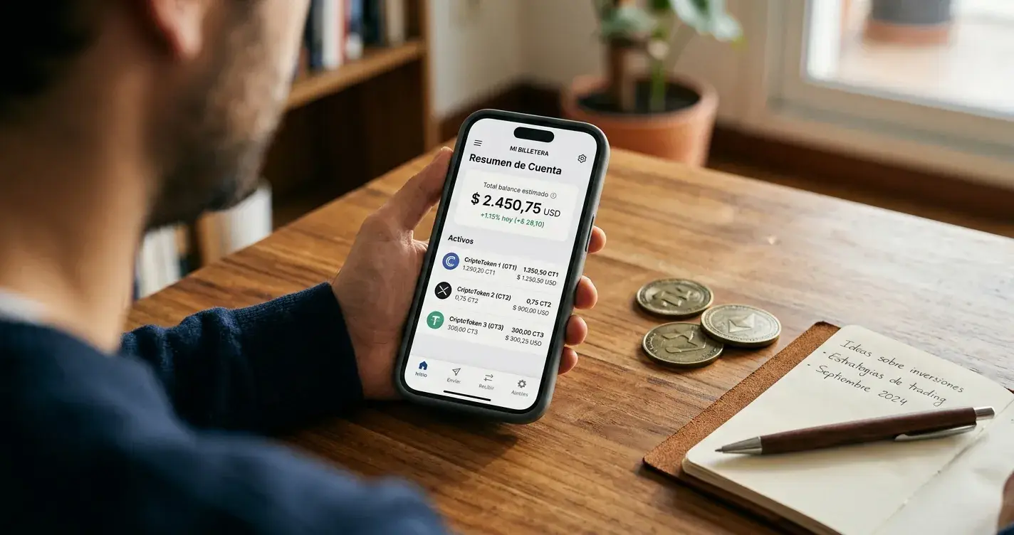 Móvil sobre una mesa de madera mostrando una interfaz genérica de billetera cripto con fichas abstractas al lado