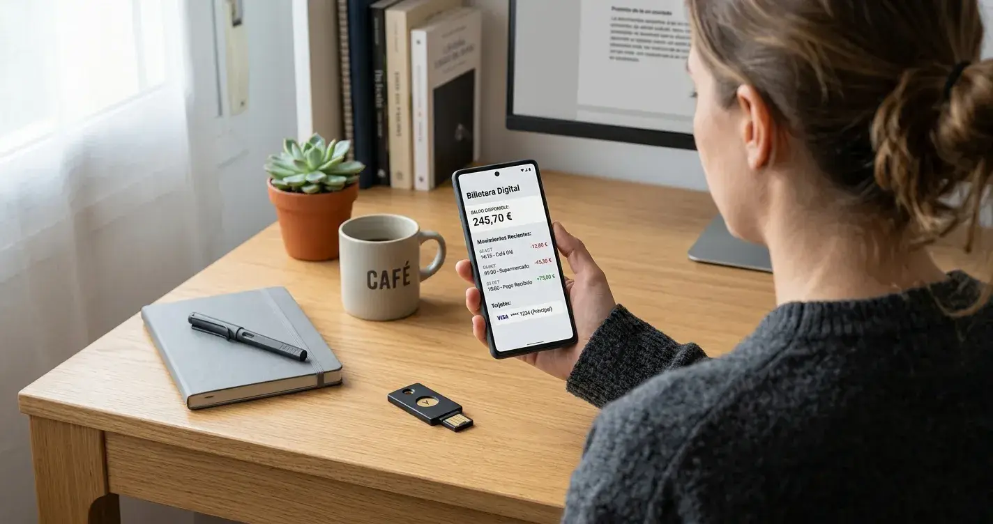 Monedero electrónico y wallet cripto junto a móvil con interfaz neutra de pagos