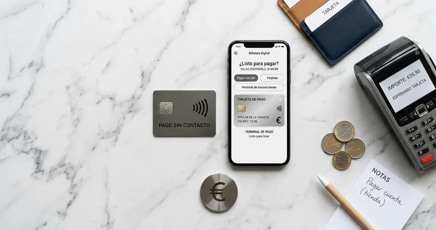 Composición cenital con ficha genérica, smartphone mostrando interfaz de billetera neutral y símbolo euro metálico sobre mármol blanco