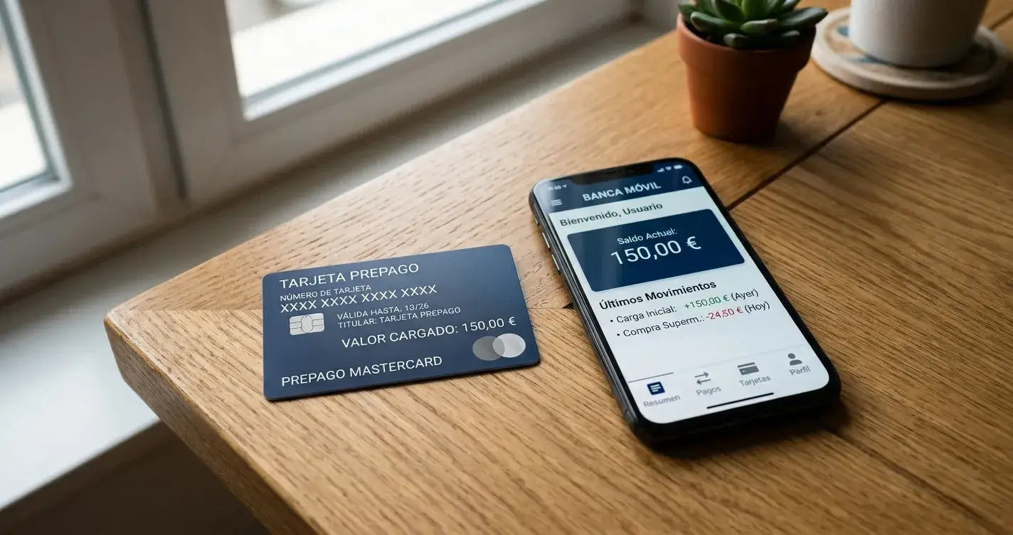 Tarjeta prepago genérica junto a smartphone sobre superficie de madera