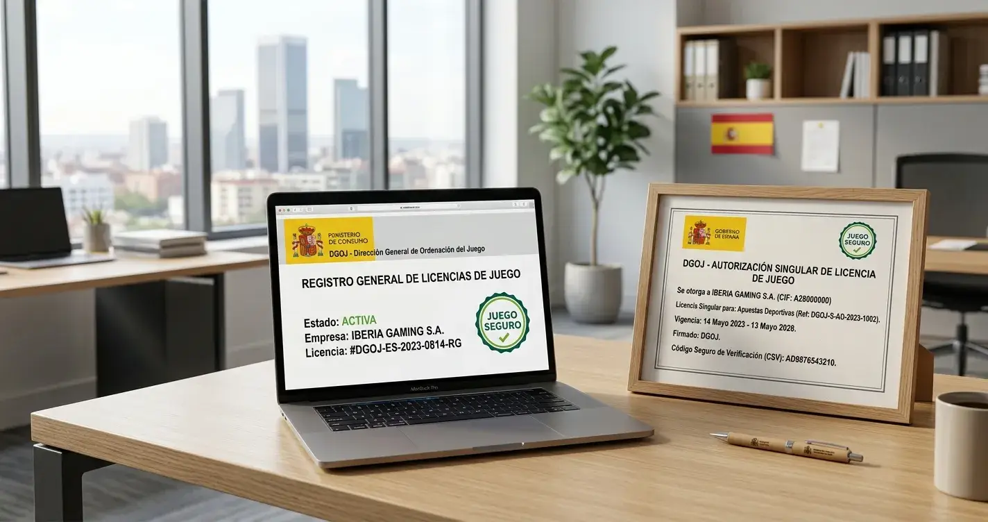 Laptop mostrando registro de licencias DGOJ y sello Juego Seguro