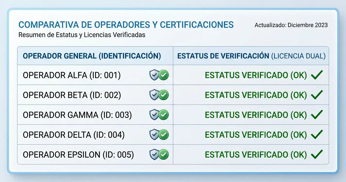 Tabla comparativa mostrando operadores con marcas verificadas y símbolos de doble licencia