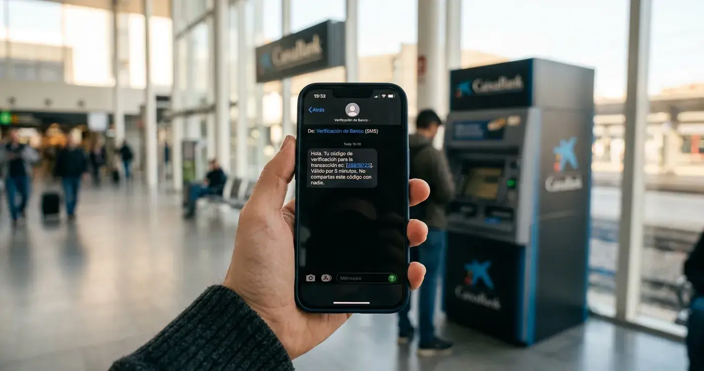 Pantalla de móvil mostrando SMS con código HalCash y cajero automático al fondo