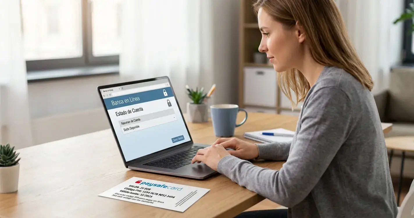 Laptop con extracto bancario sin movimientos de casino y vale paysafecard