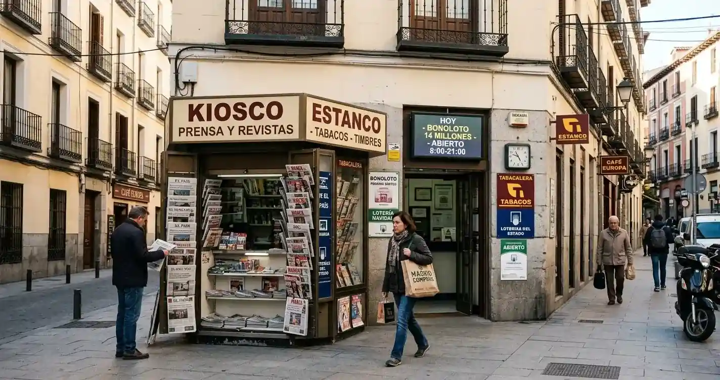 Calle urbana con estanco y kiosco donde se venden vales paysafecard