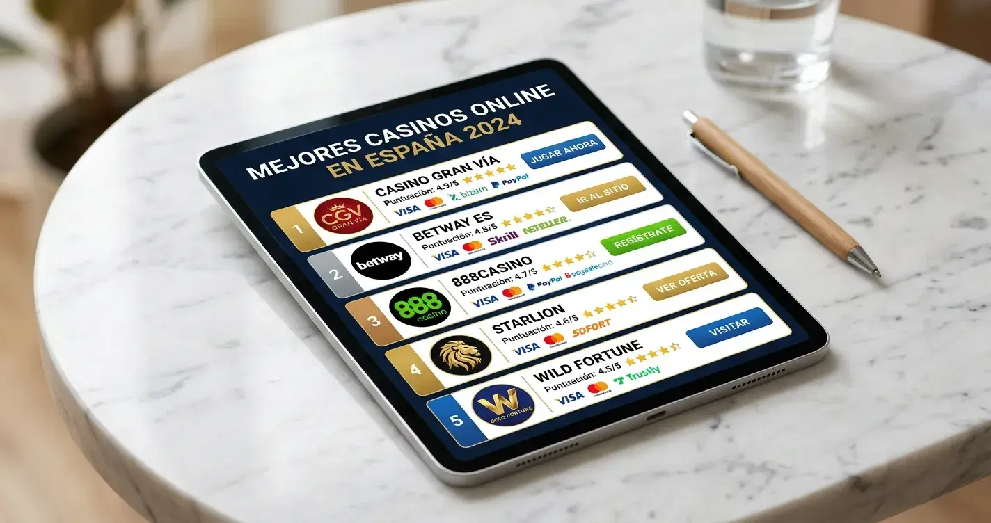 Ranking comparativo de casinos online españoles con iconos de tarjetas Visa y Mastercard