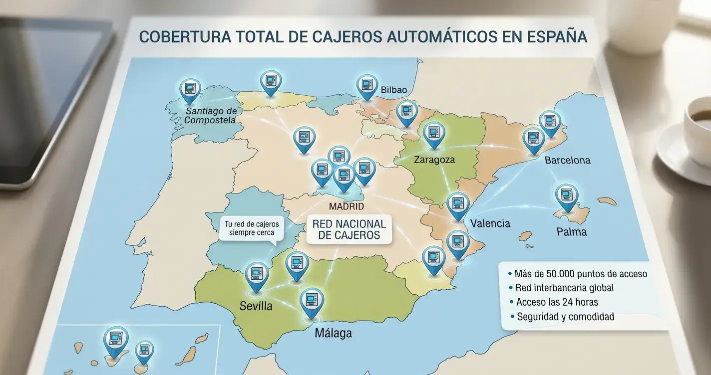 Mapa de España con iconos de cajeros automáticos en ciudades principales